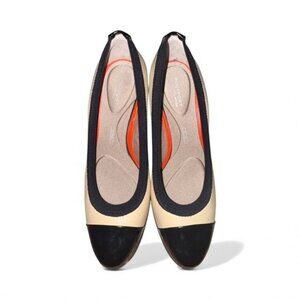 Rockport Total Motion Women Beige Black Cap Toe Block Heel Pumps Shoes